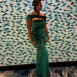 Beautiful, timeless, hunter green strapless gown.